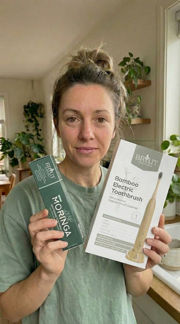 Briut bamboo sonic toothbrush in use with toothpaste