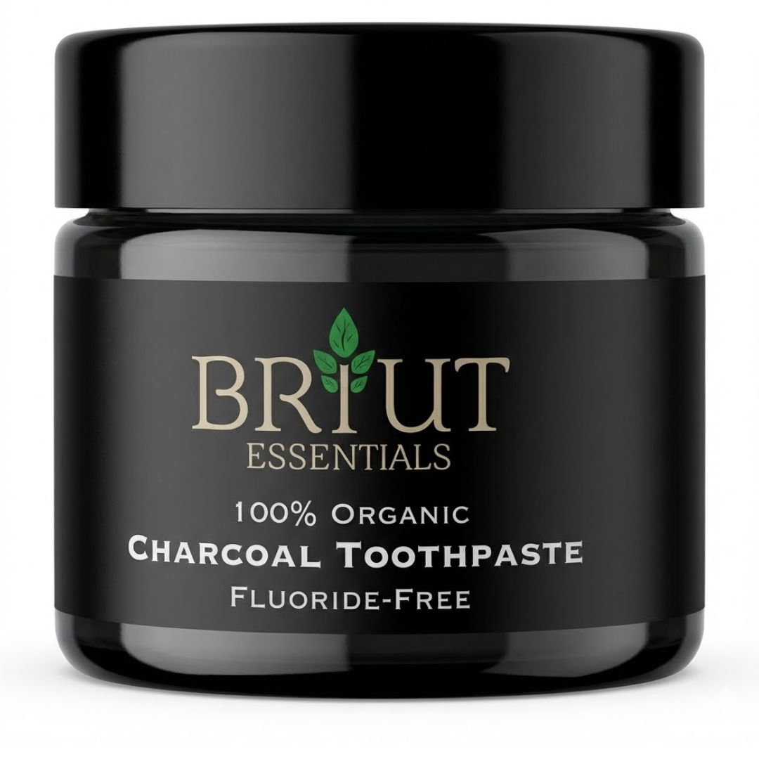 Briut Essentials charcoal whitening toothpaste tube — fluoride-free vegan formula