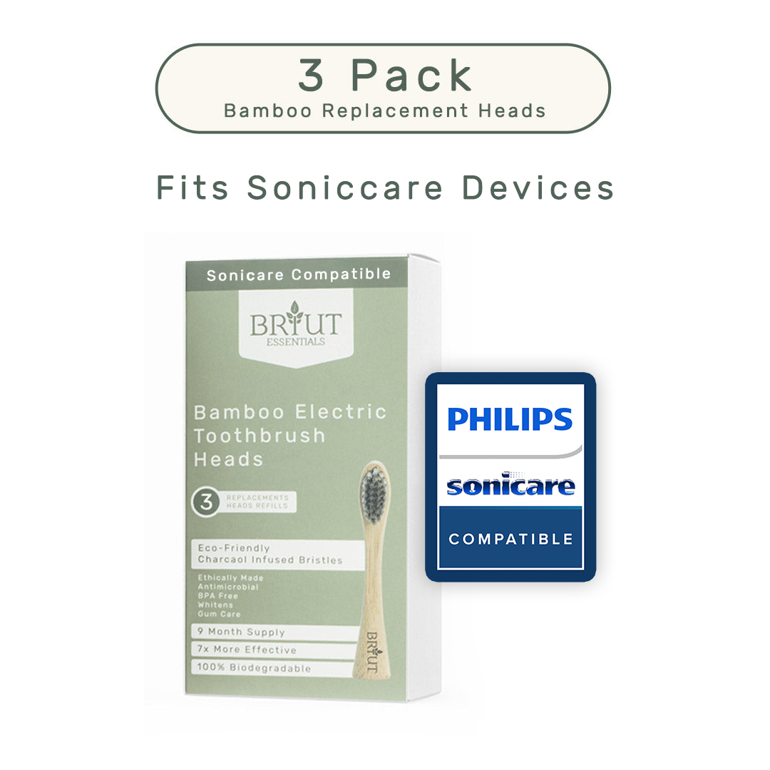 3-pack Sonicare-compatible bamboo electric toothbrush replacement heads with charcoal bristles