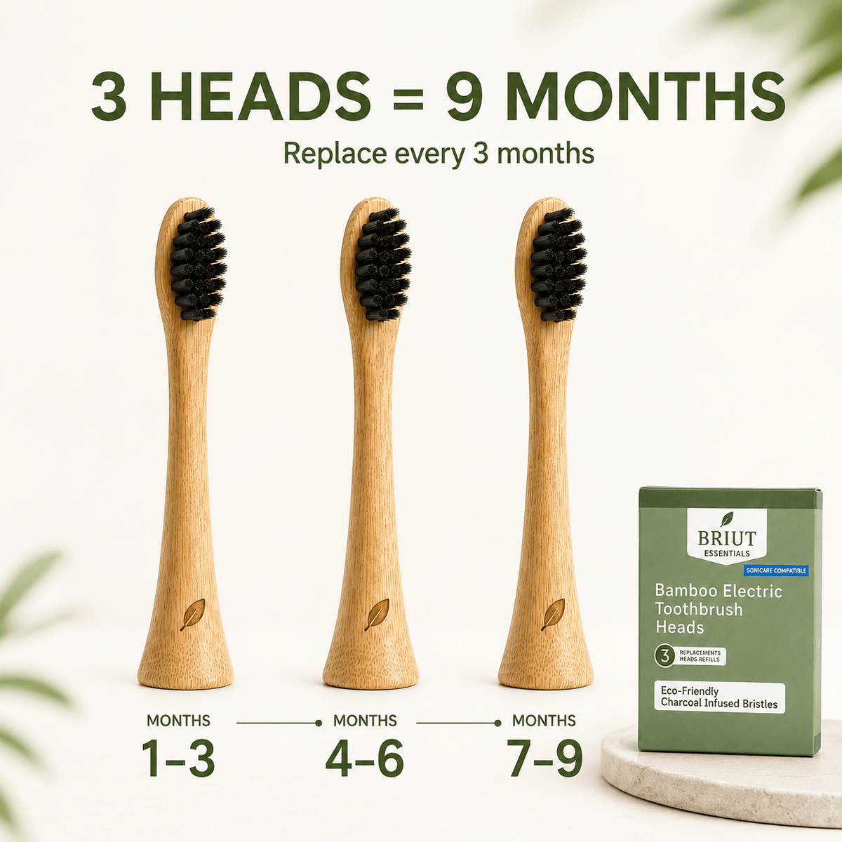 Briut Essentials bamboo replacement heads — 3-pack for electric toothbrush