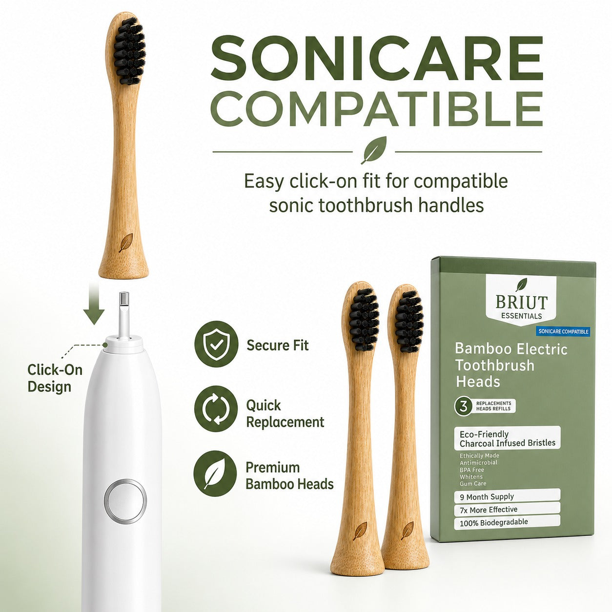 Sonicare Compatible 3 Pack - Replacement Heads Bamboo Electric Toothbrush