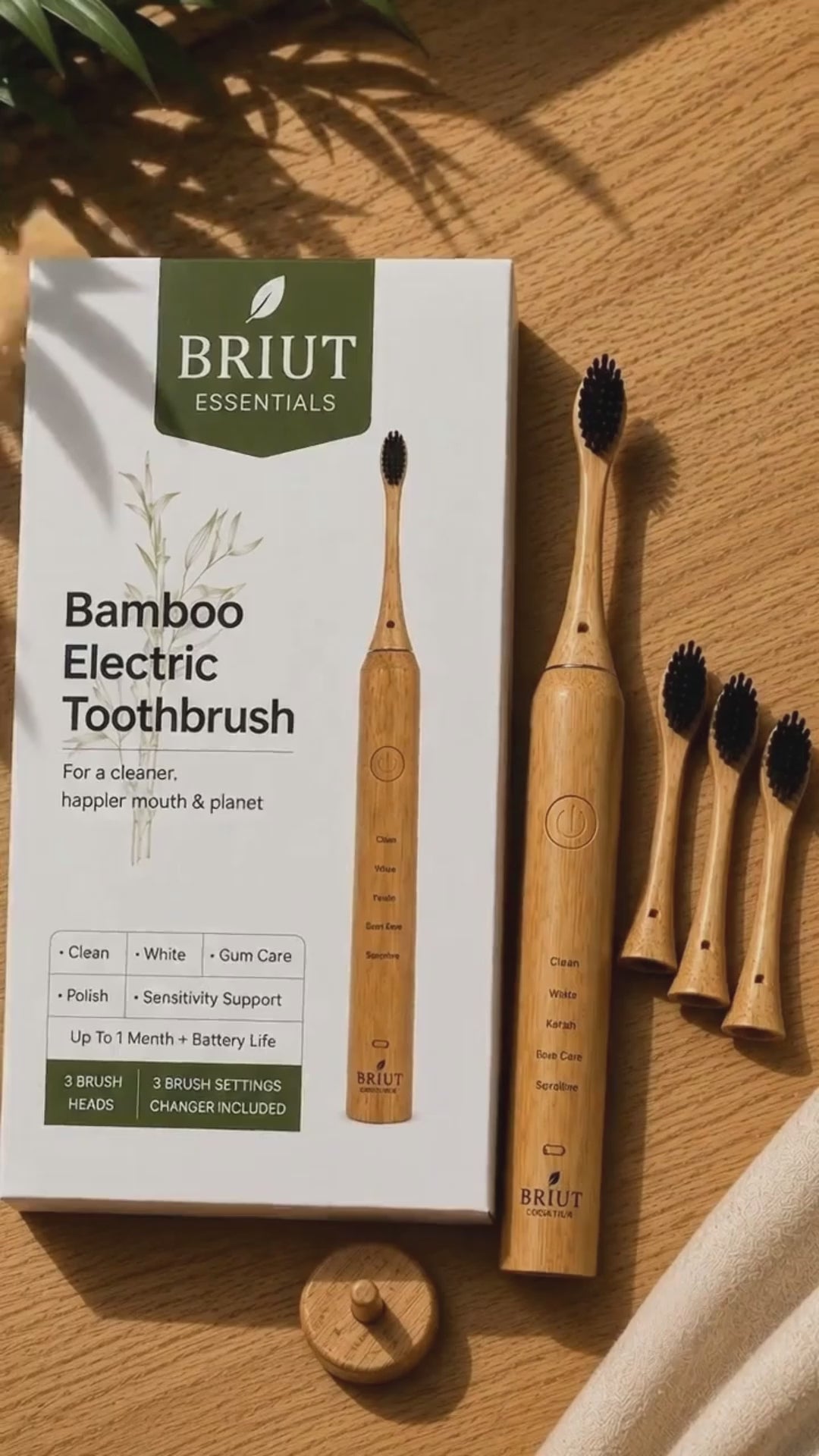 Bamboo Sonic Electric Toothbrush in use: unboxing, cleaning modes, and bristle close-up