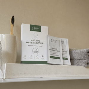 Whitening strips box on customer bathroom shelf